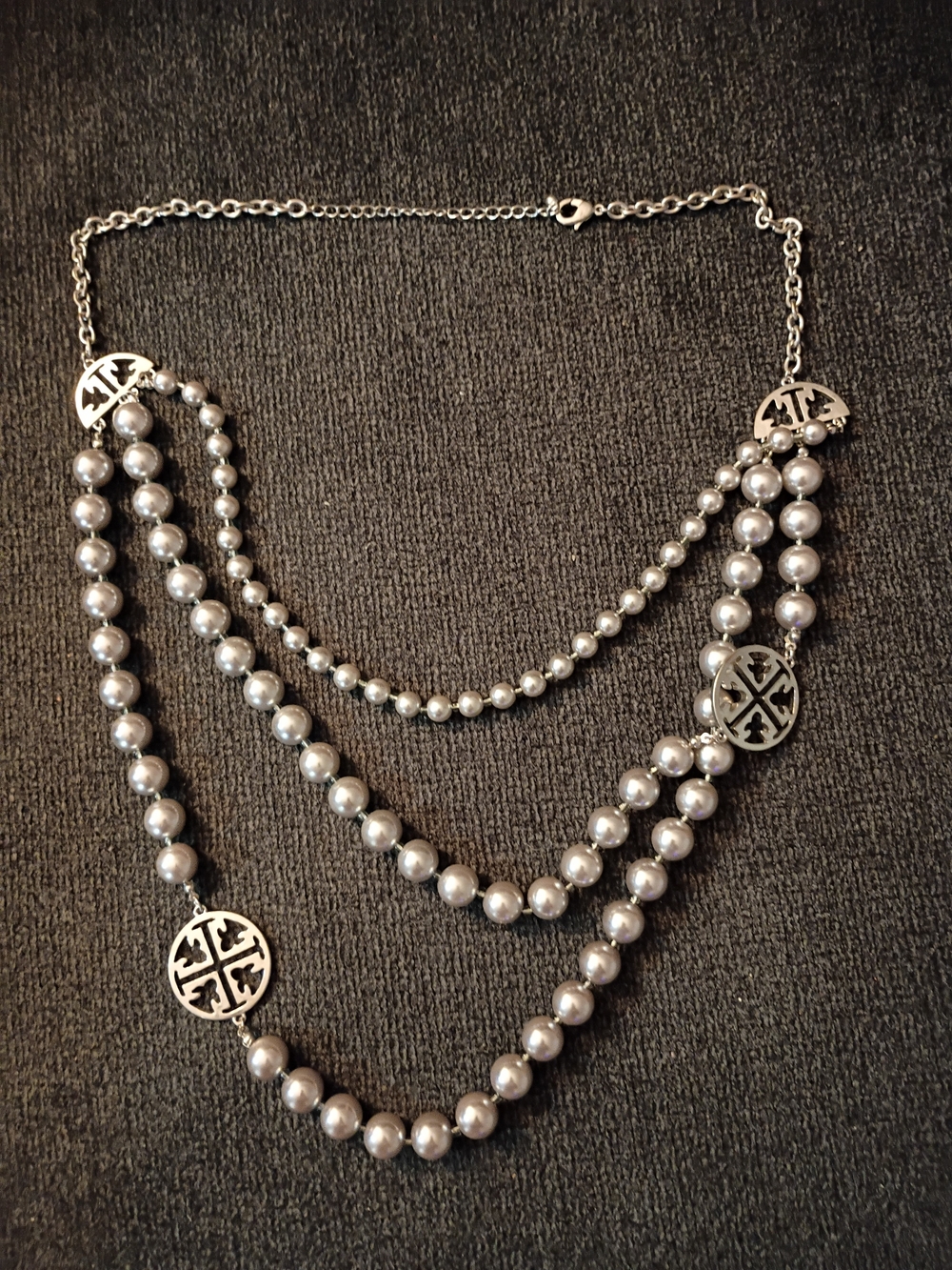 Tory Burch Silver-Tone Triple Strand Pearl Logo Necklace